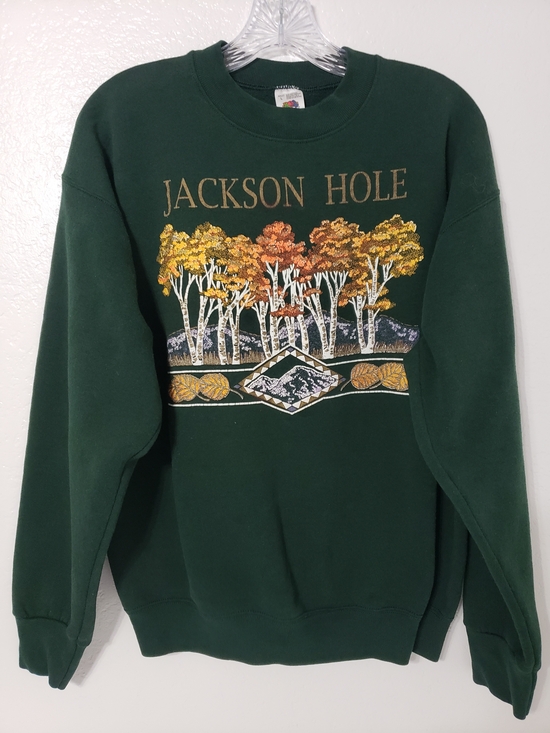 Fruit of the Loom Sweaters - Vintage 90s Jackson Hole Wyoming Fruit of the Loom Green Sweatshirt USA L